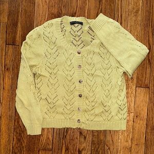 Peruvian connection 100% Pima cotton eyelet button crop cardigan yellow green S